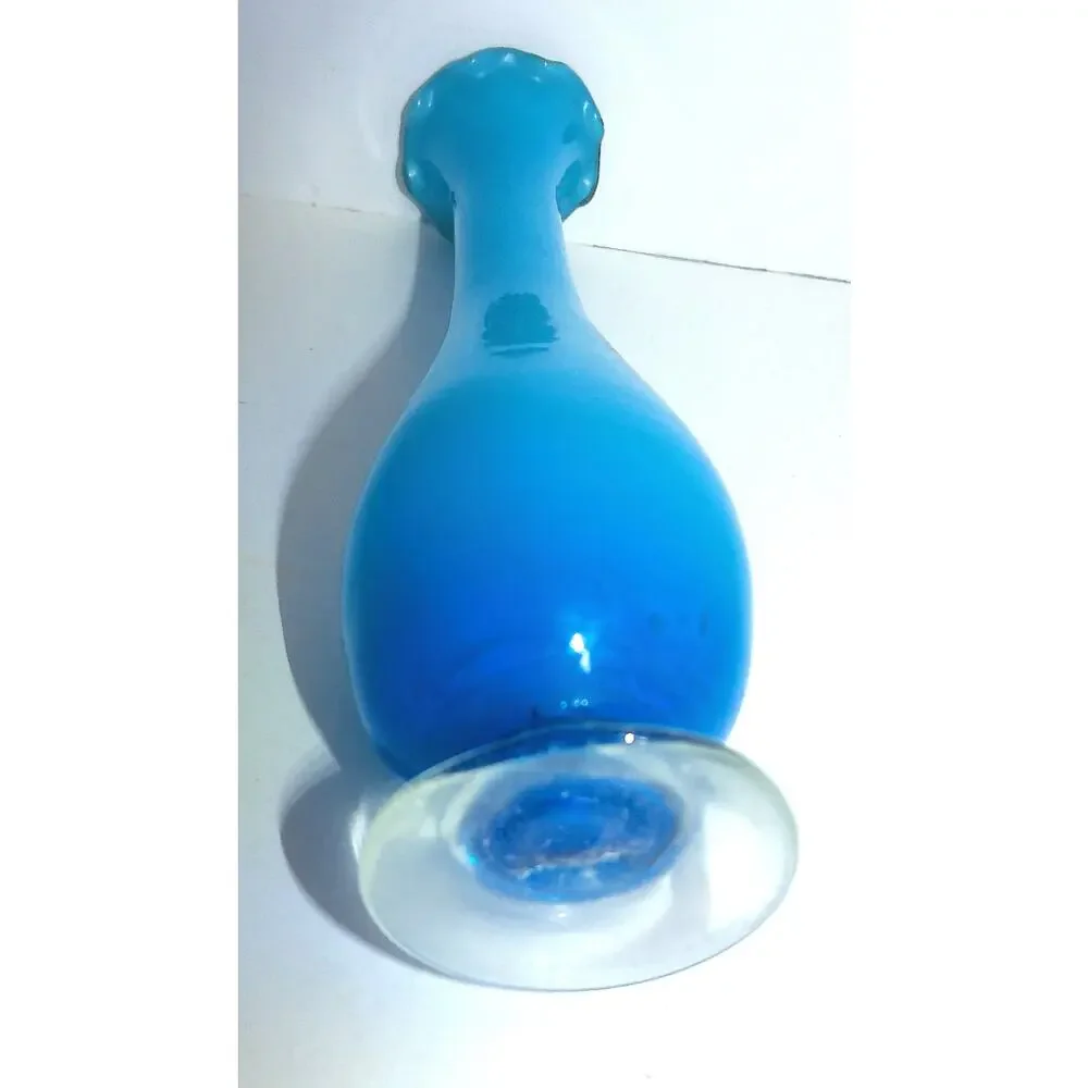 Vintage Turquoise Blue Cased Glass Ruffled Bud Vase 7.25